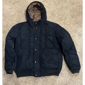 Lands' End Down Parka Jacket Mens M‎ Black/Blue Hooded Down Puffer Coat Zip